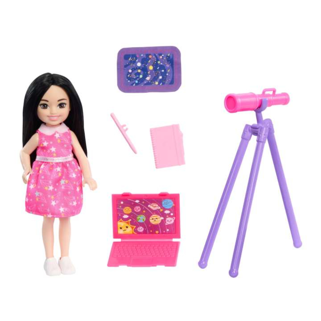 barbie chelsea astronomer doll & accessories set, career themed brunette small doll4