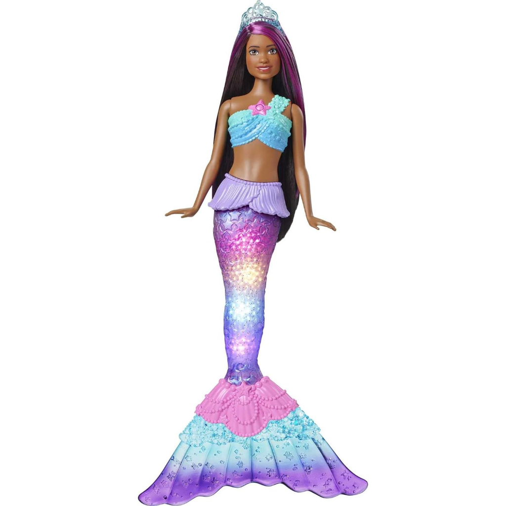 mermaid barbie doll with water activated twinkle light up tail, purple streaked hair1