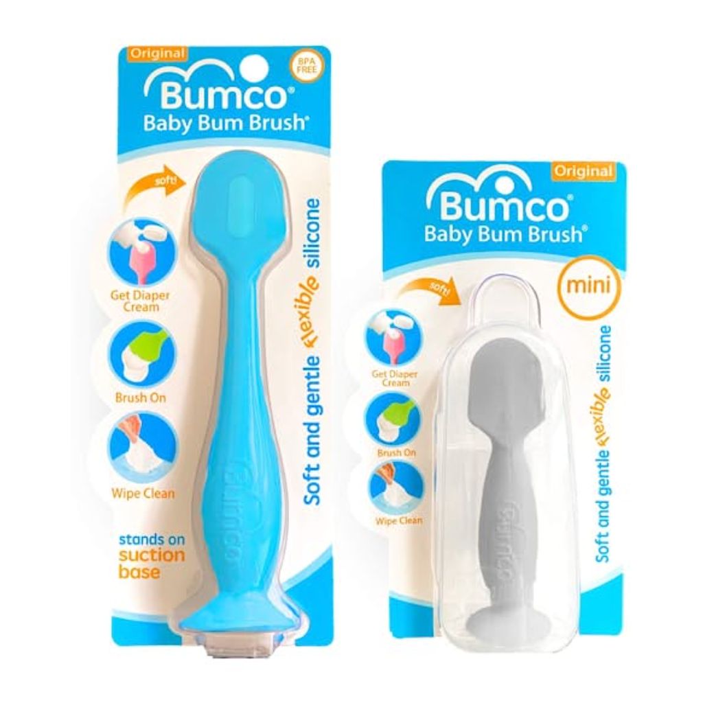 bumco diaper cream spatula + mini baby bum brush for baby butt cream with travel case diaper cream applicator set, butt spatula baby necessities, diaper cream brush, blue & gray (3)